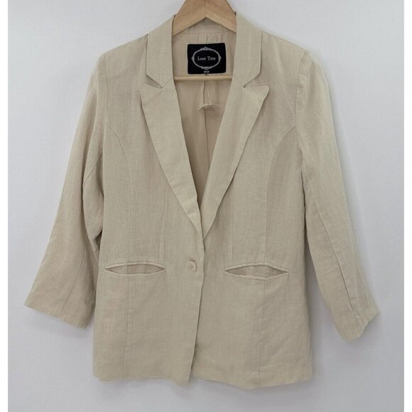 NWT Love‎ Tree Jacket Juniors WOMEN’s Beige 100% Linen Blazer Beachy Career Sz L - Picture 1 of 10
